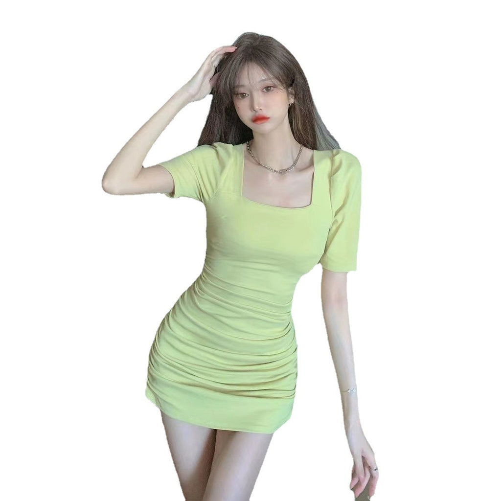 Pure Desire Style Square Collar Pleated Waist Tight Slimming Puff Sleeve Tight Dress
