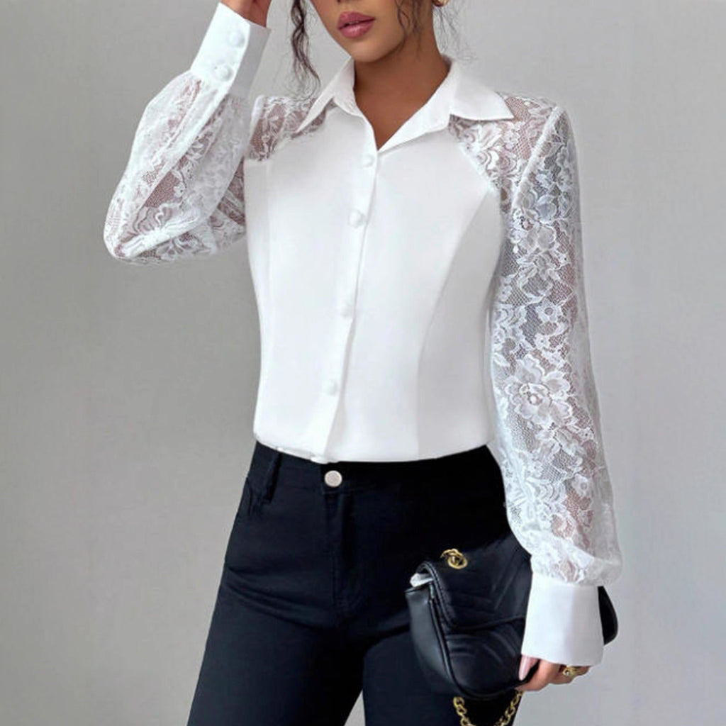 Women's Lace Solid Color Button Long Sleeve Shirt