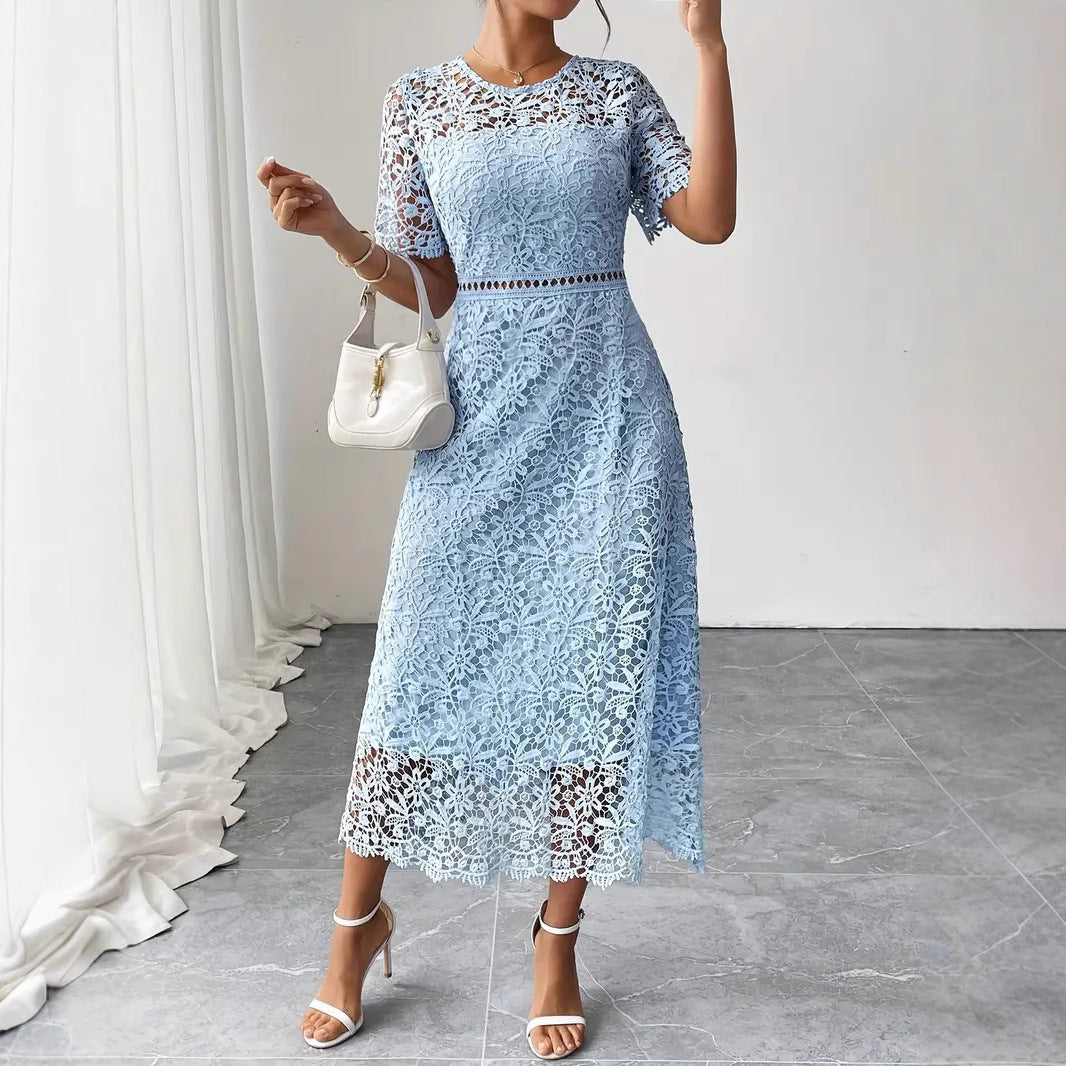 Round Neck Water Soluble Lace Short Sleeve Hollow Lace Elegant Long Dress