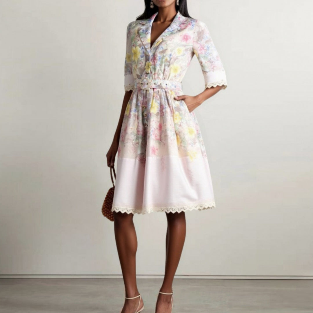 Vintage Printed Heavy Industry Beads Lace Stitching Dress Short And Belt