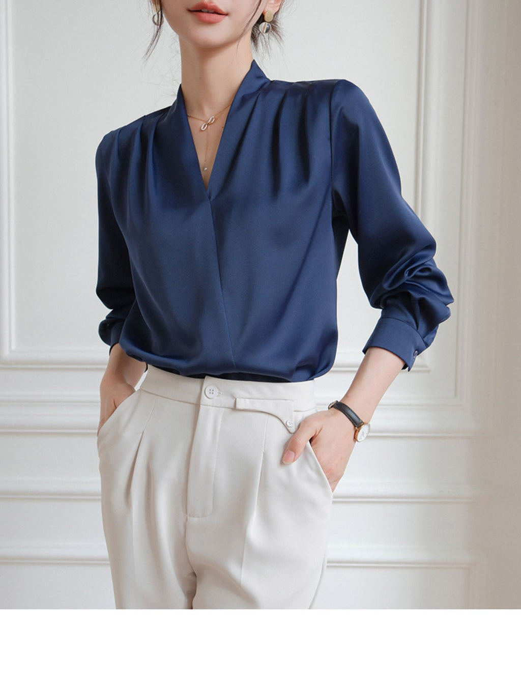 Elegant V-neck Satin Shirt Women's Commuter Formal Wear