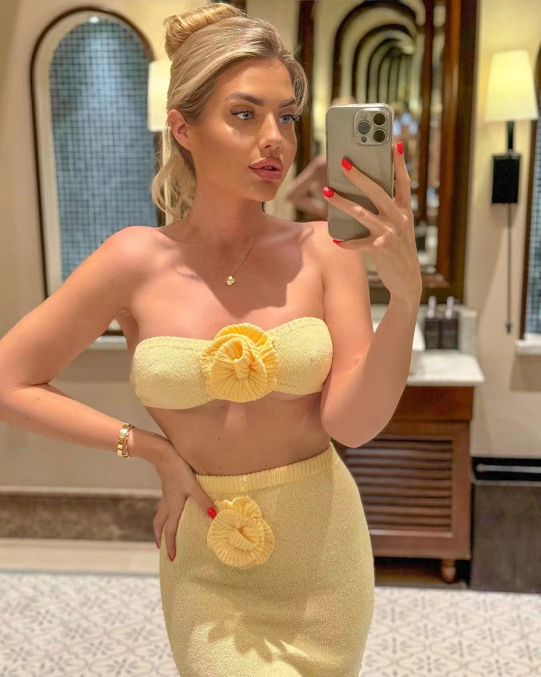 Tube Top Knitted Hollow Flower High Waist Suit Women