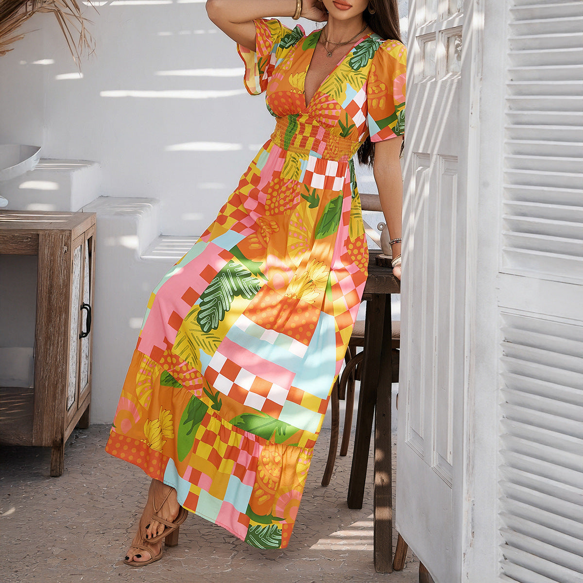 Casual Vacation Style Printed Contrast Color V-neck
