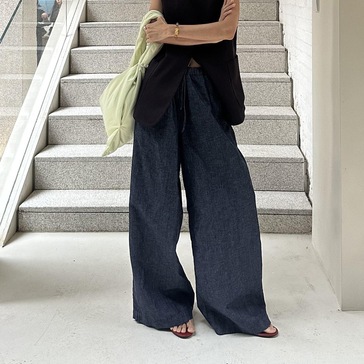 Casual Style Drawstring Elastic Waist Wide Leg Jeans