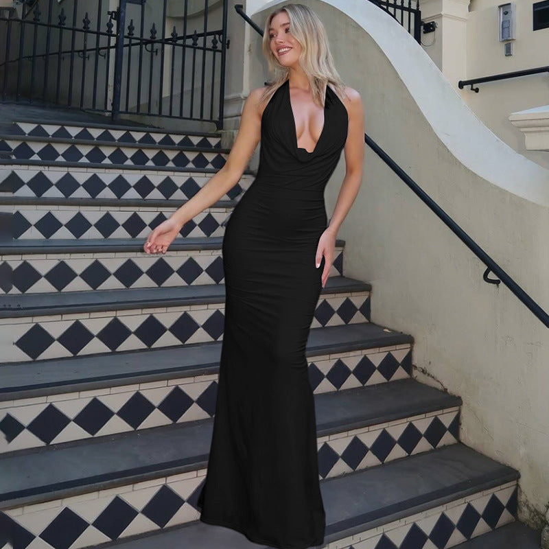 Fashion Sexy Deep V Halter Lace-up Backless Sheath Dress