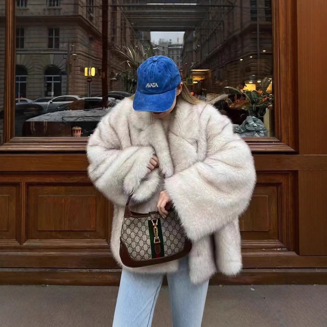 Mid Length Womens Faux Fox Fur Coat With A Blazer Style Collar