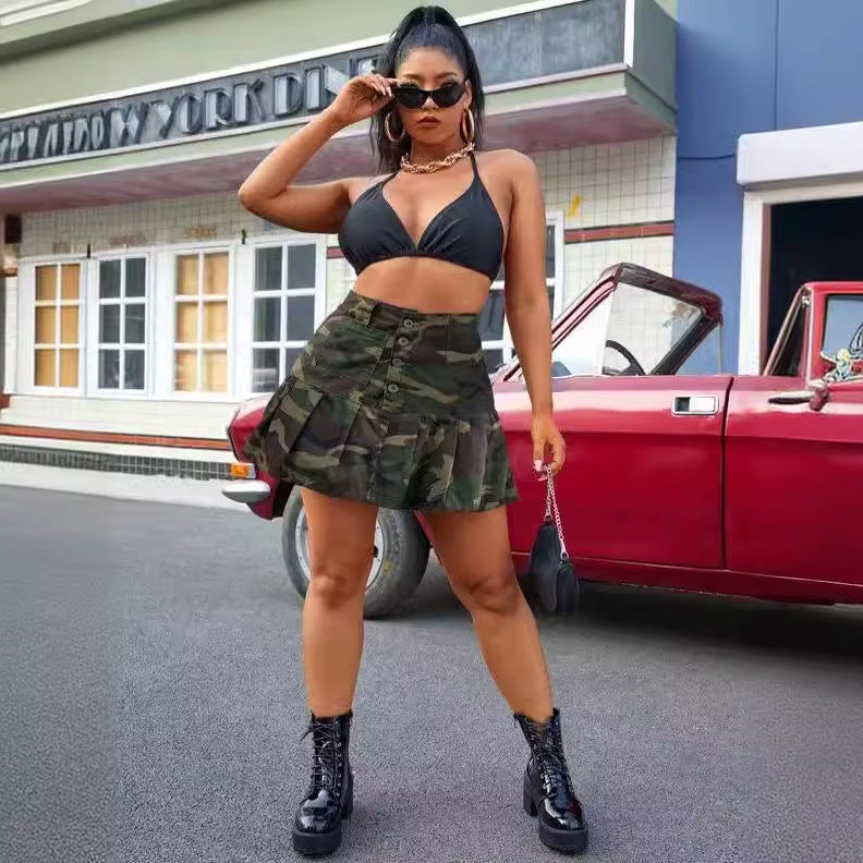 Camouflage Pleated Pocket Button Mini Skirt