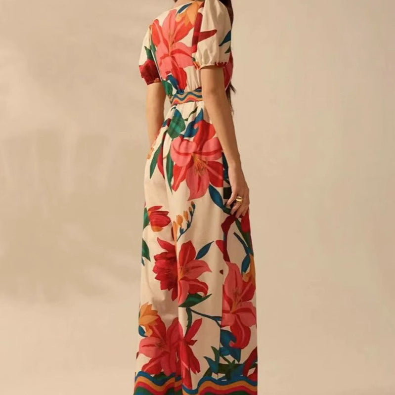Women's Deep V-neck Printed Fashion Wide-leg Jumpsuit