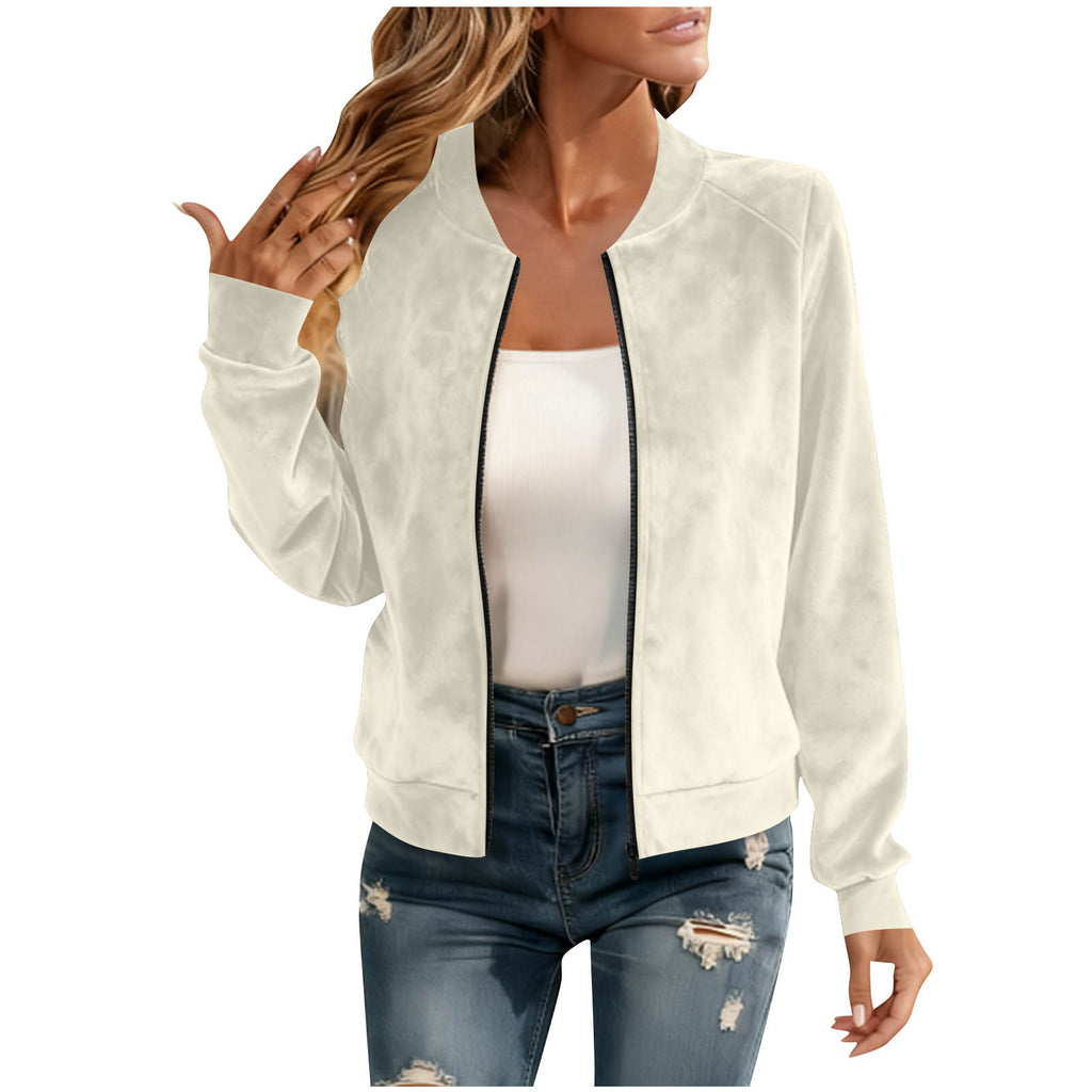 Round-neck Zip-up Deerskin-fleece Short Jacket