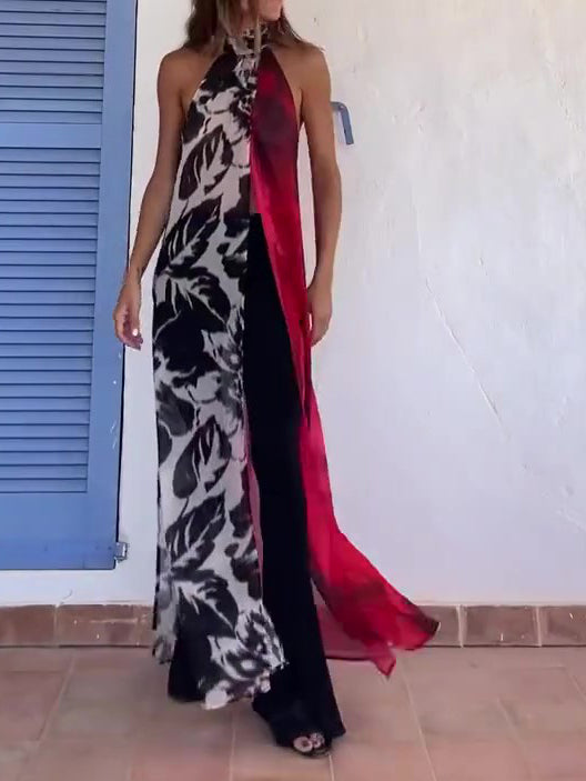 Abstract Print Halter Neck High Slit Tunic Top