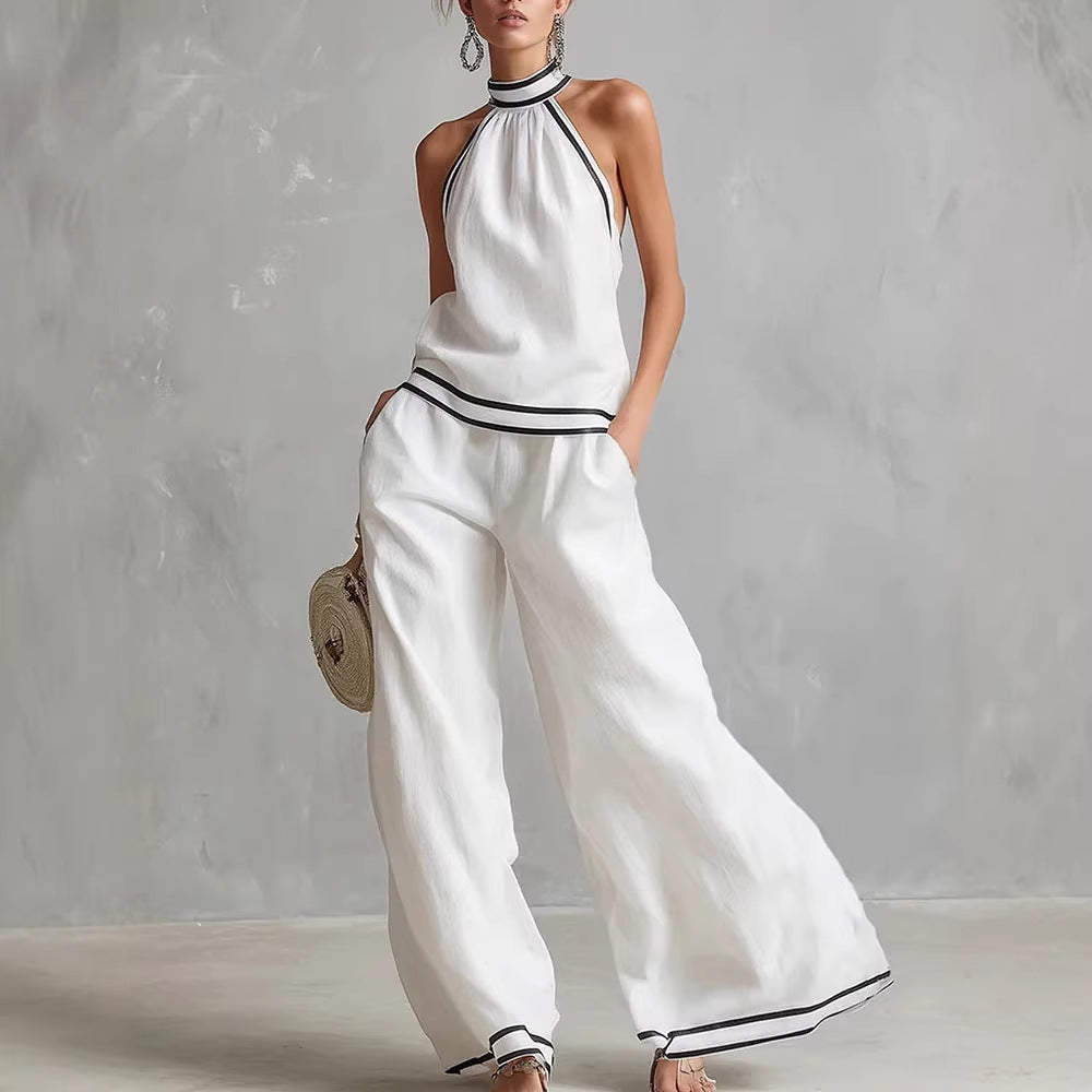 Striped Patchwork Halter-neck Sleeveless Wide-Leg Pants Set