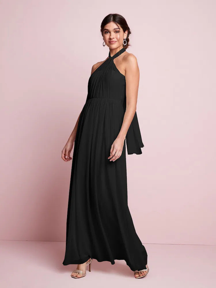 Pleated Solid-Colored Strap Three-Way Dress