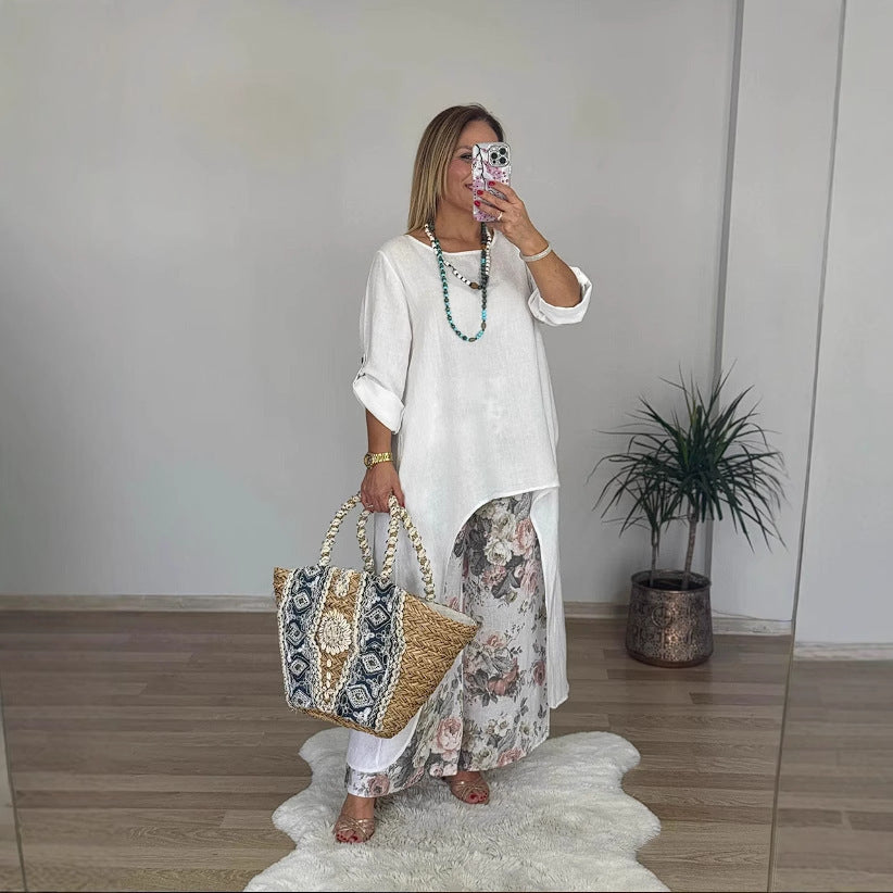 Women's Casual Cotton Linen Irregular Top Wide Leg Pants With Pockets Suit