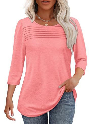 Ladies' Autumn And Winter Round Neck Three-quarters Sleeved Chest Tuck Line Pleated Top