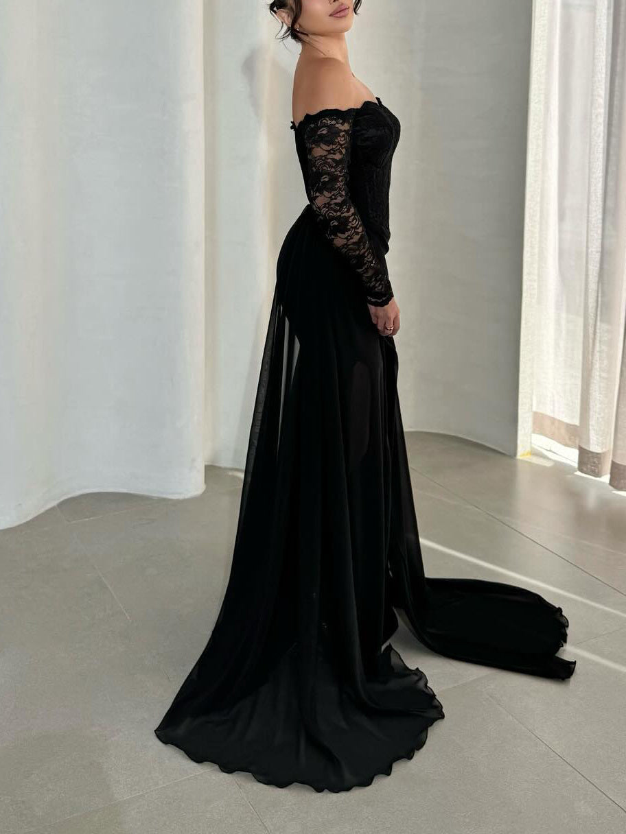 Black Off - Shoulder Lace - Sleeve High Slit Dress