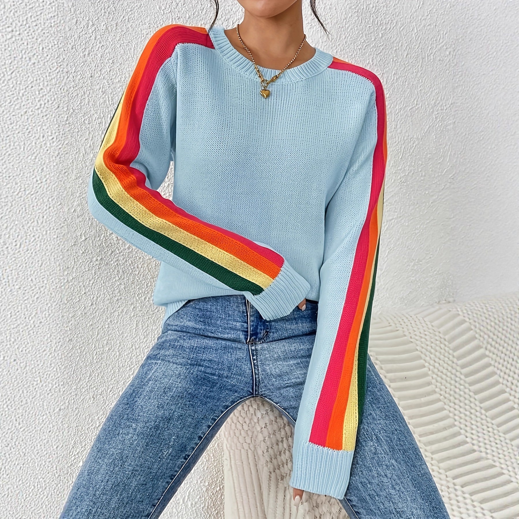 Versatile Round Neck Color-blocked Loose Knit Pullover