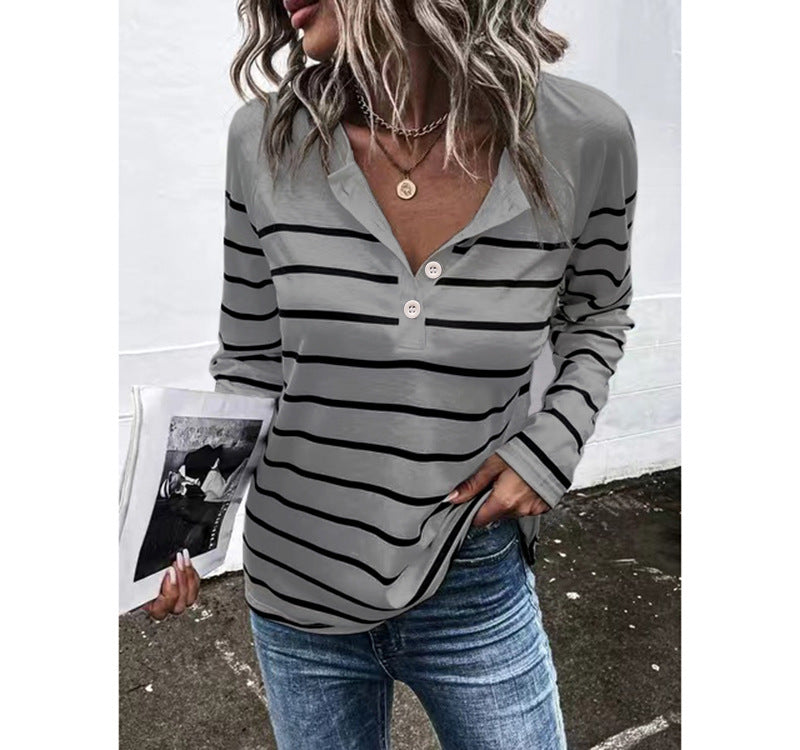 Striped Round Neck Button Casual Loose Long Sleeve