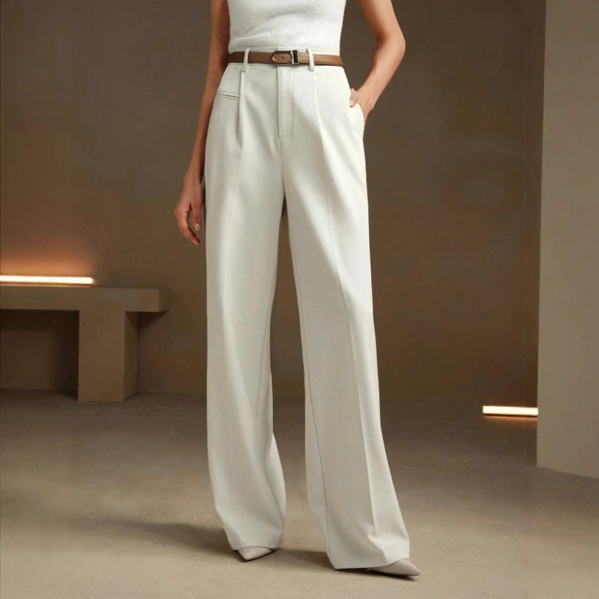 Womens High-Waisted Versatile White Straight-Leg Suit Pants
