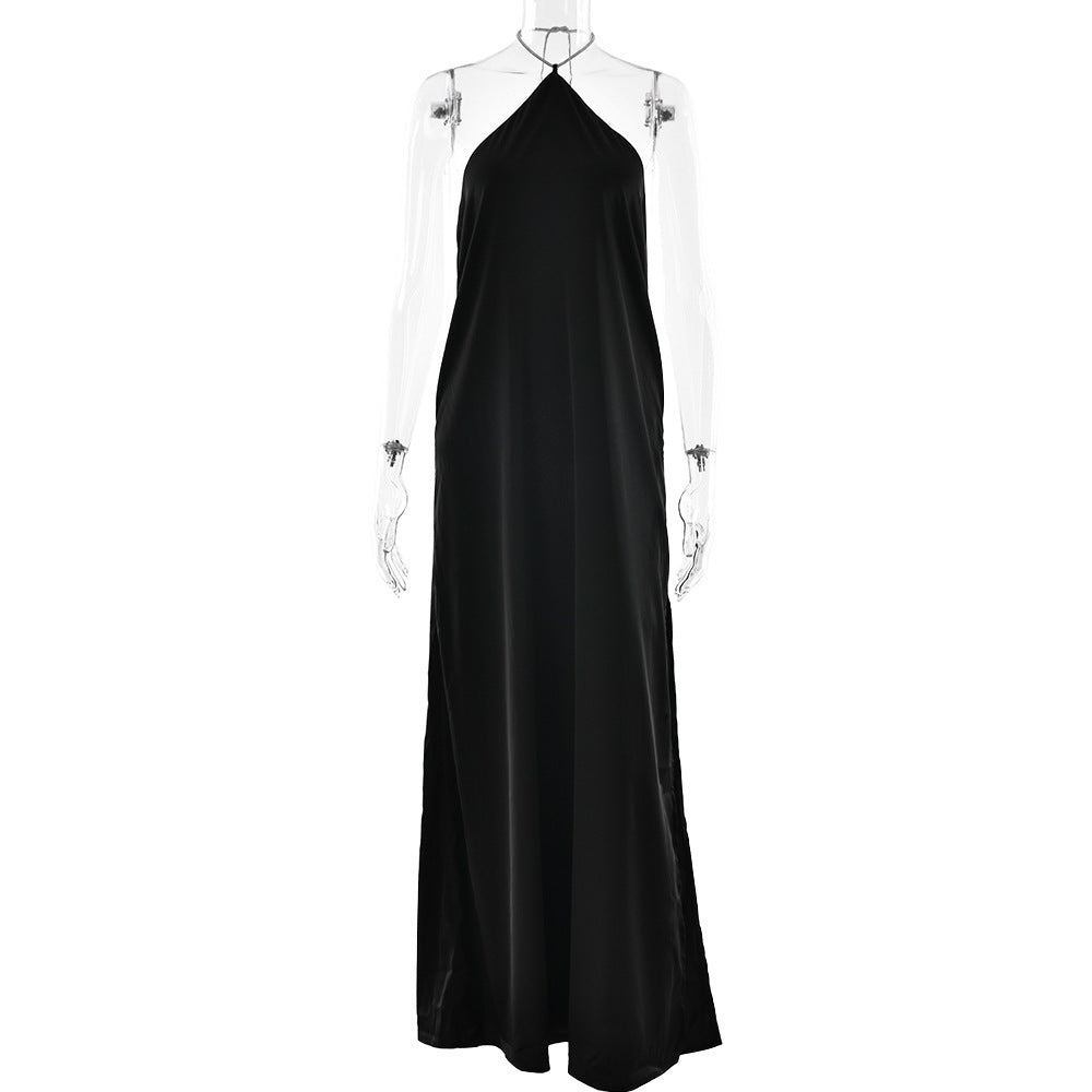Premium Satin Halter Dress Sexy Backless Pure Color Split