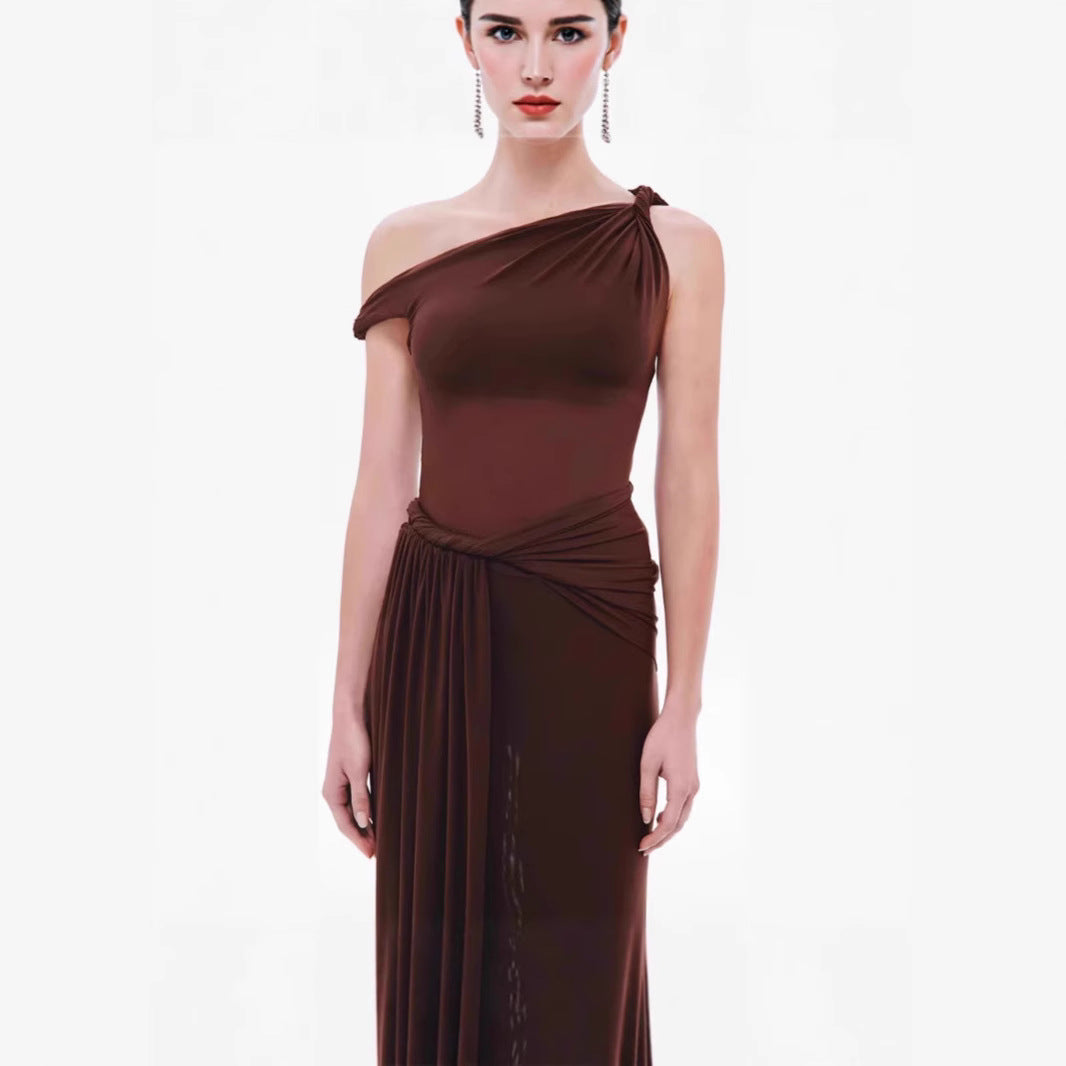 Asymmetrical Dress With A Slanted Neckline Off-the-Shoulder Design And A Tied Waist