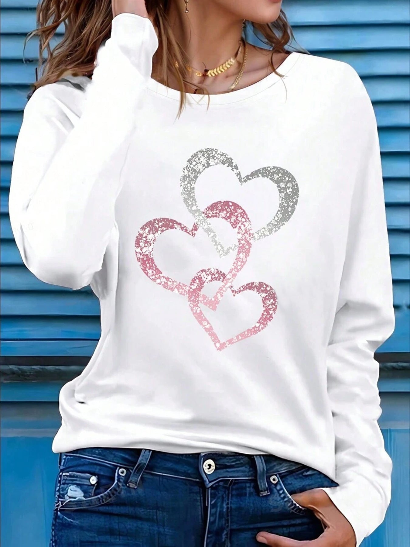 Positioning Printed Pattern Women's Long Sleeved Versatile Round Neck
