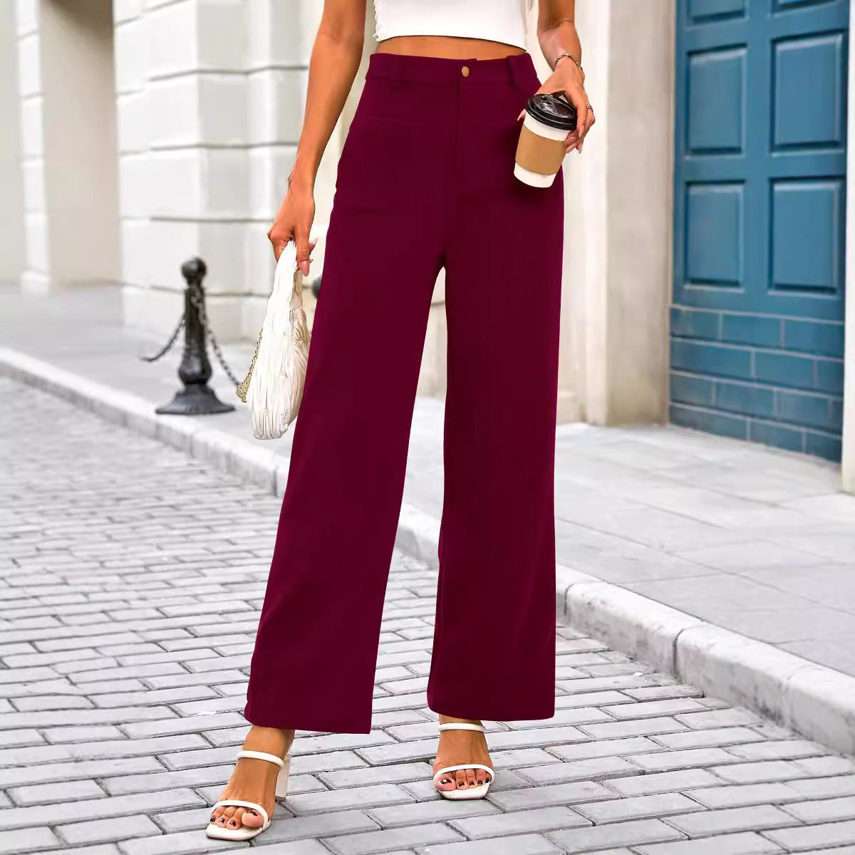 Stretch High Waist Button Wide Leg Pants