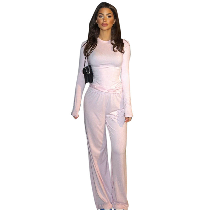 European And American Solid Color Long-sleeved Top Wide Leg Pants Suit Women