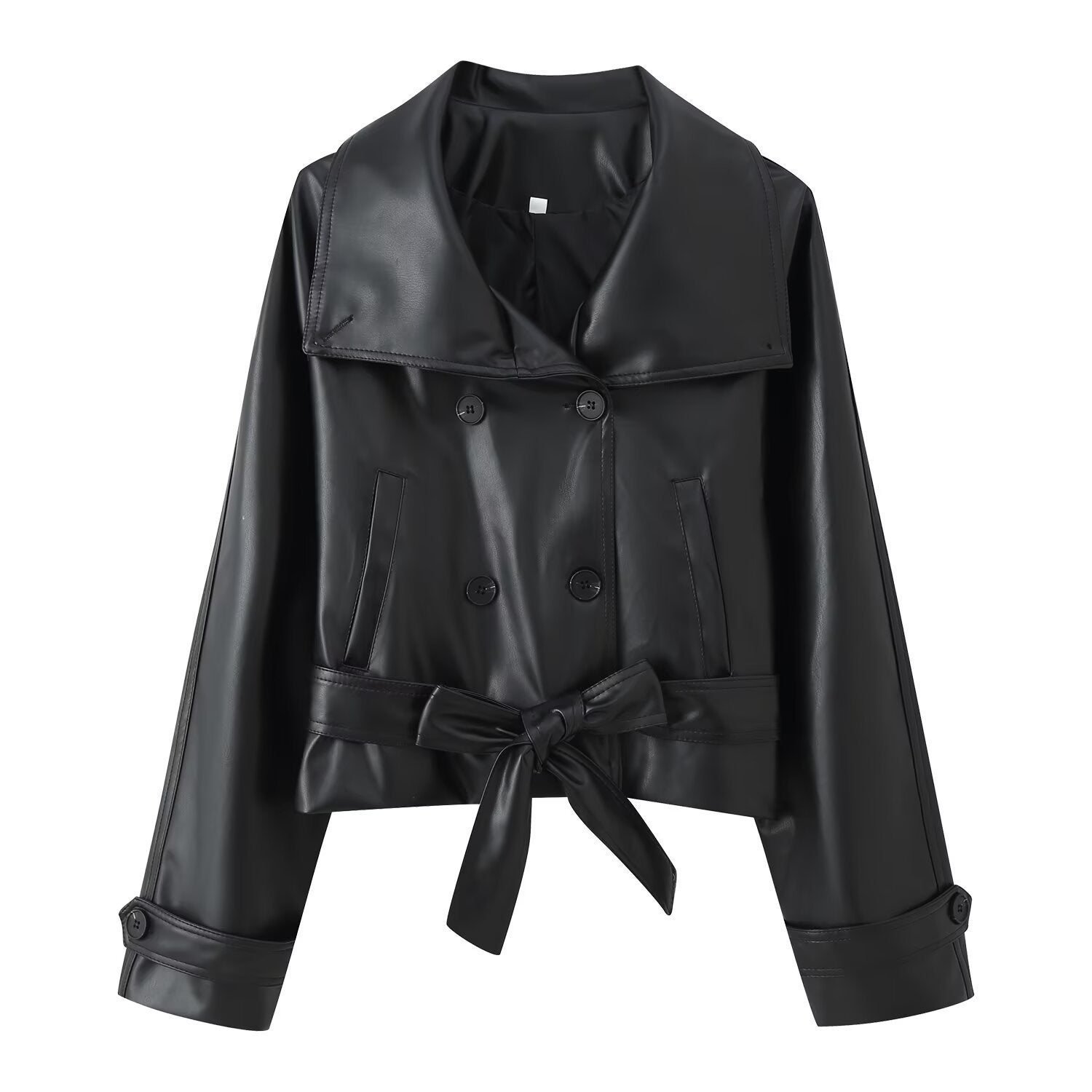 Trendy Wild Two-color Double Breasted Short Lace Up Leather Coat