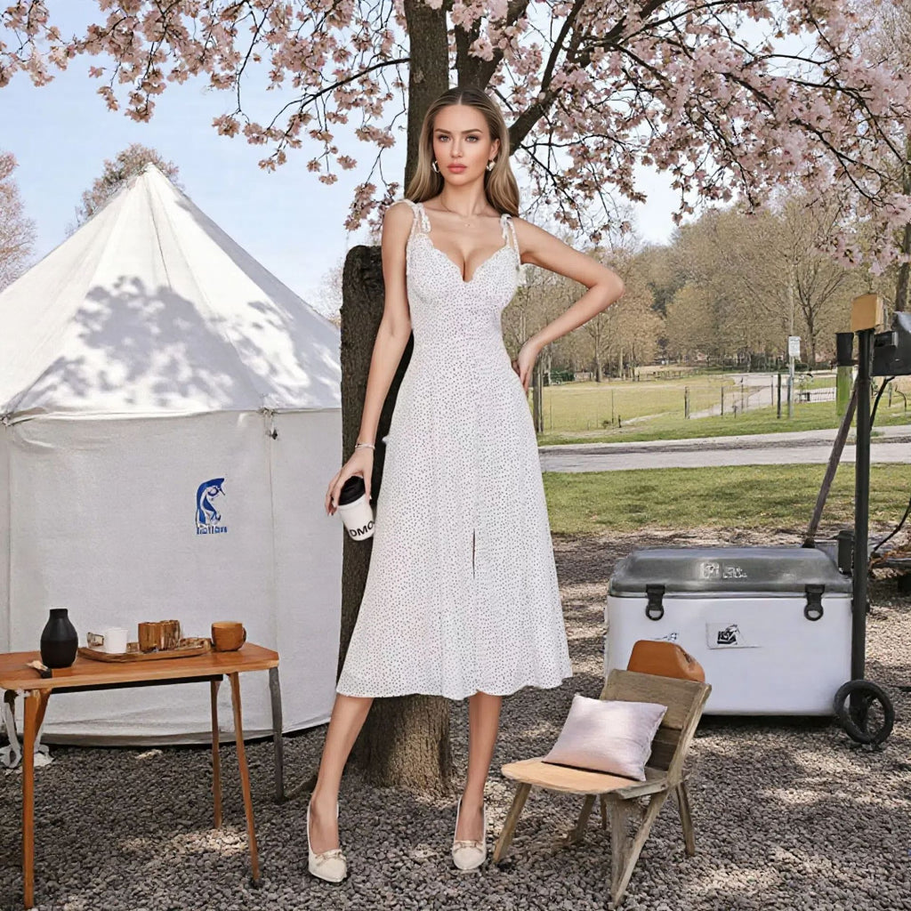 European And American Sexy Exposed Back Fashion Polka-dot Long Dress Sling Dress