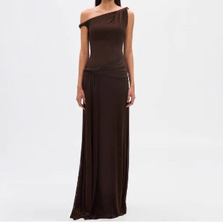 Asymmetrical Dress With A Slanted Neckline Off-the-Shoulder Design And A Tied Waist