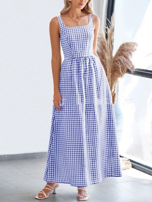 Patchwork Plaid Sling Elastic Large Swing Dress