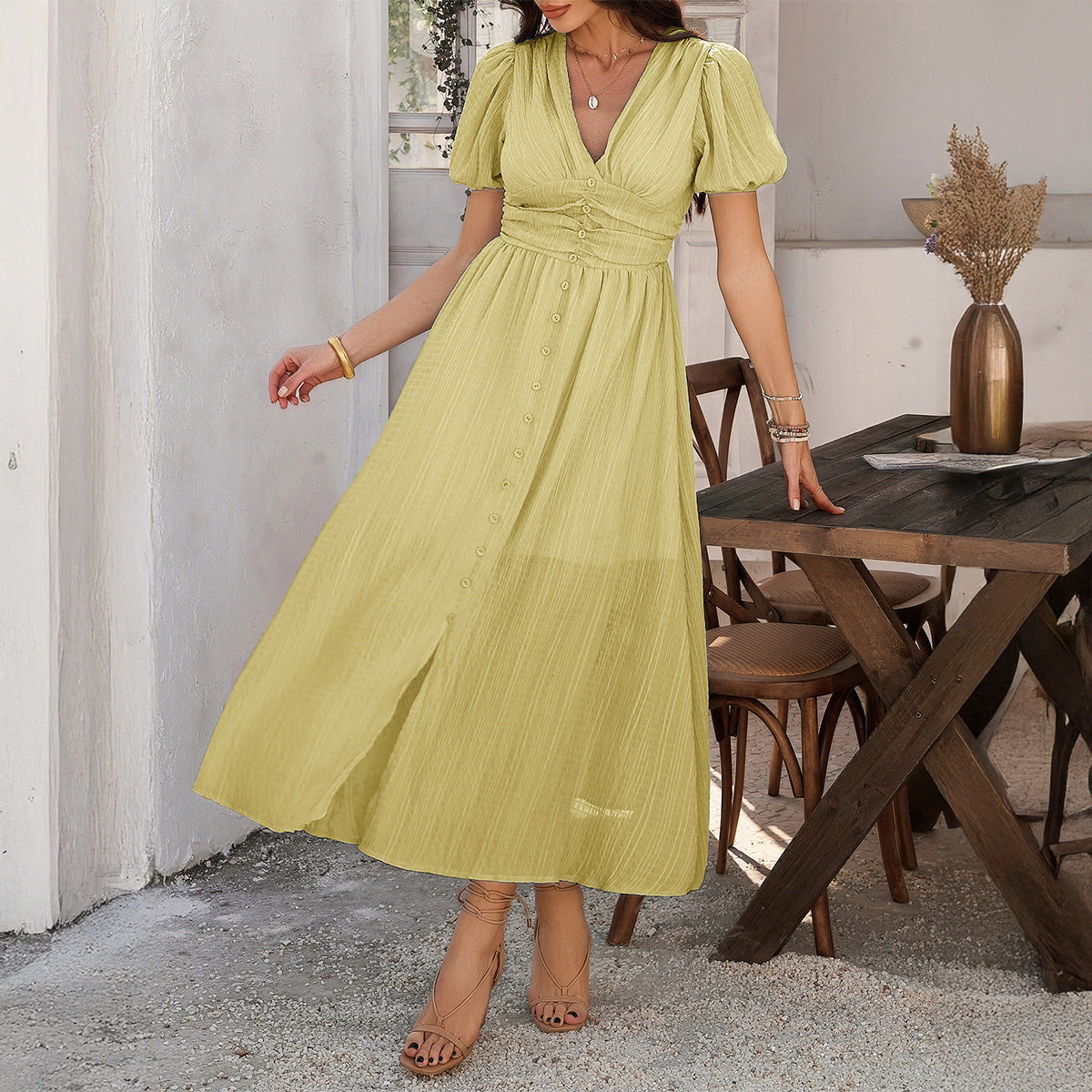 Leisure Commute Vacation Style V-neck High Waist Short Sleeve Split Dress Women