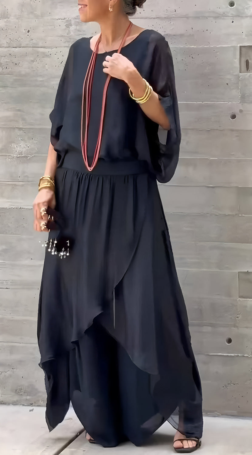 Top Split Wide Leg Pants Chiffon Casual Suit