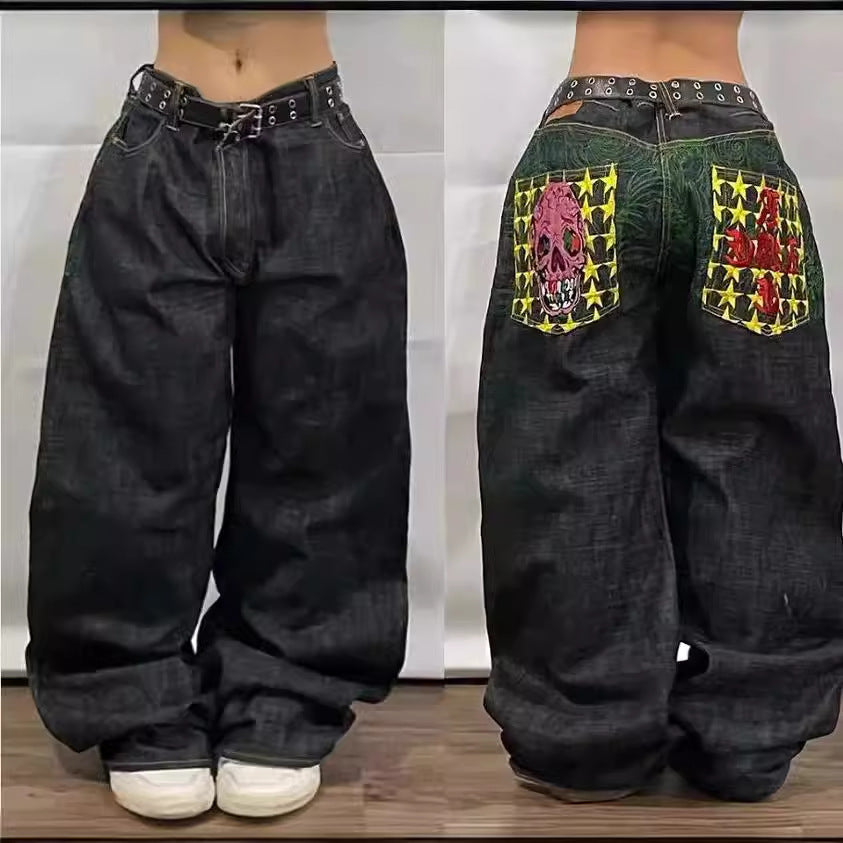 American High Street Personalized Patterns Loose Straight Wide Leg Jeans