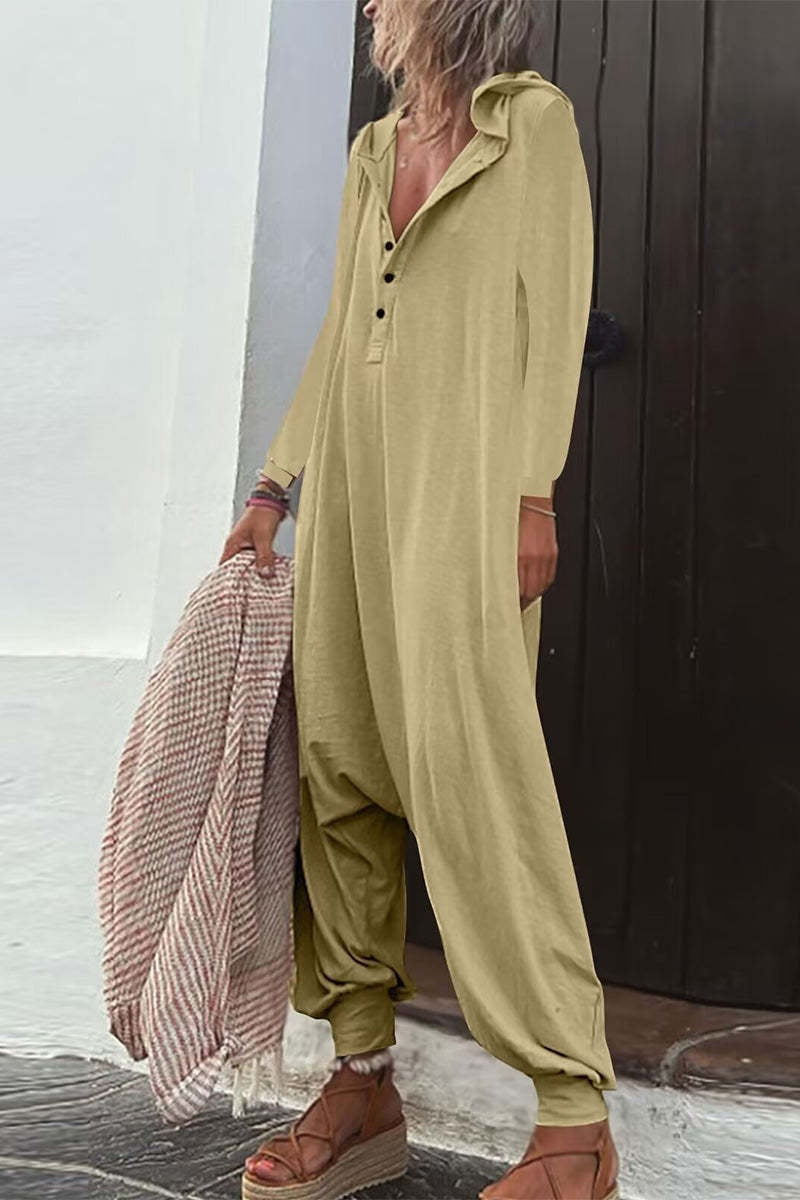 Hooded Side Pocket Long Sleeve Trousers Jumpsuit Baggy Pants