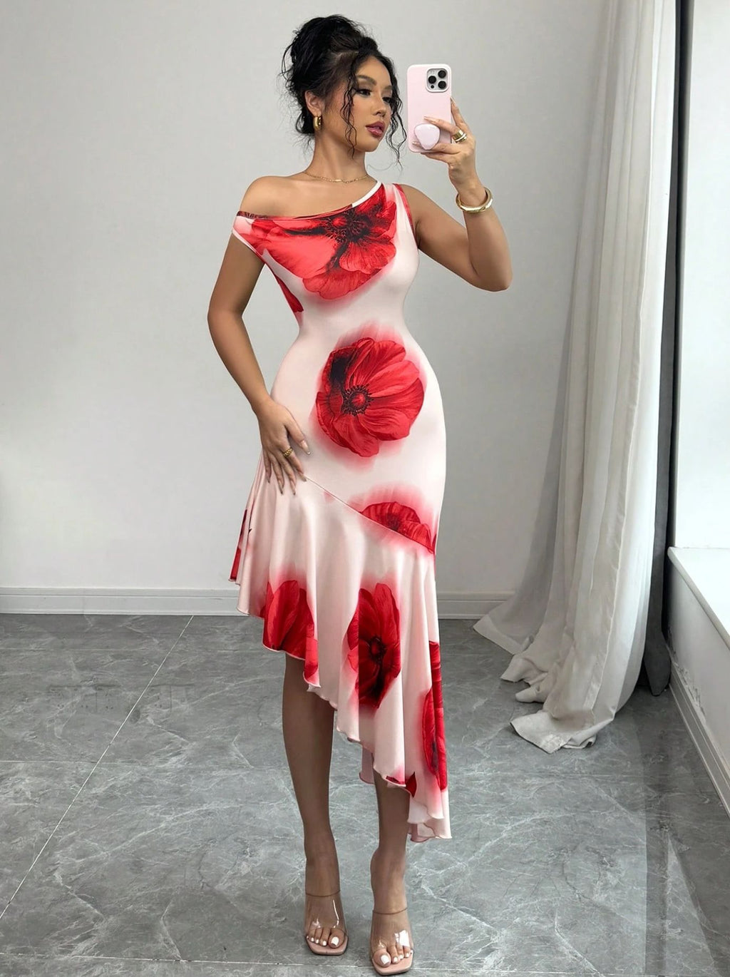 Elegant Asymmetrical Figure-flattering Dress With A Strategically Placed Hibiscus Floral Print