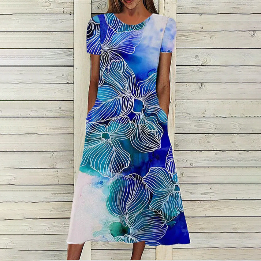 Floral Print Round Neck Short Sleeve Pocket Dress
