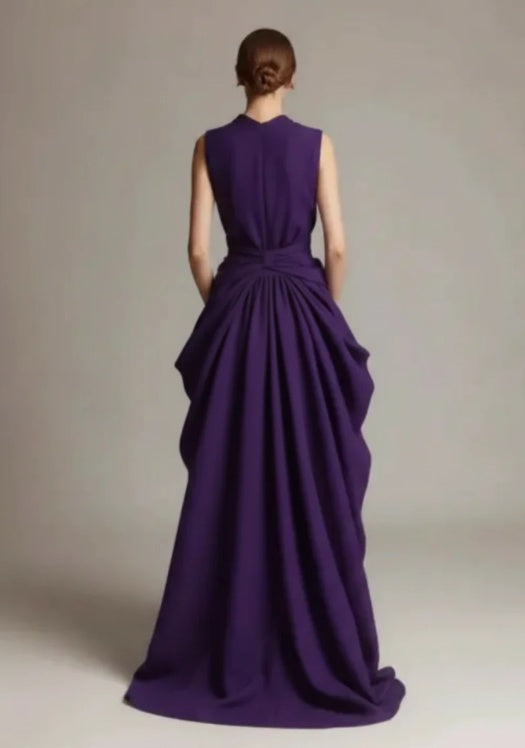 Royal Amethyst Sculptural Gown-Deep V-Neck Textured Maxi With Waterfall Ruffle
