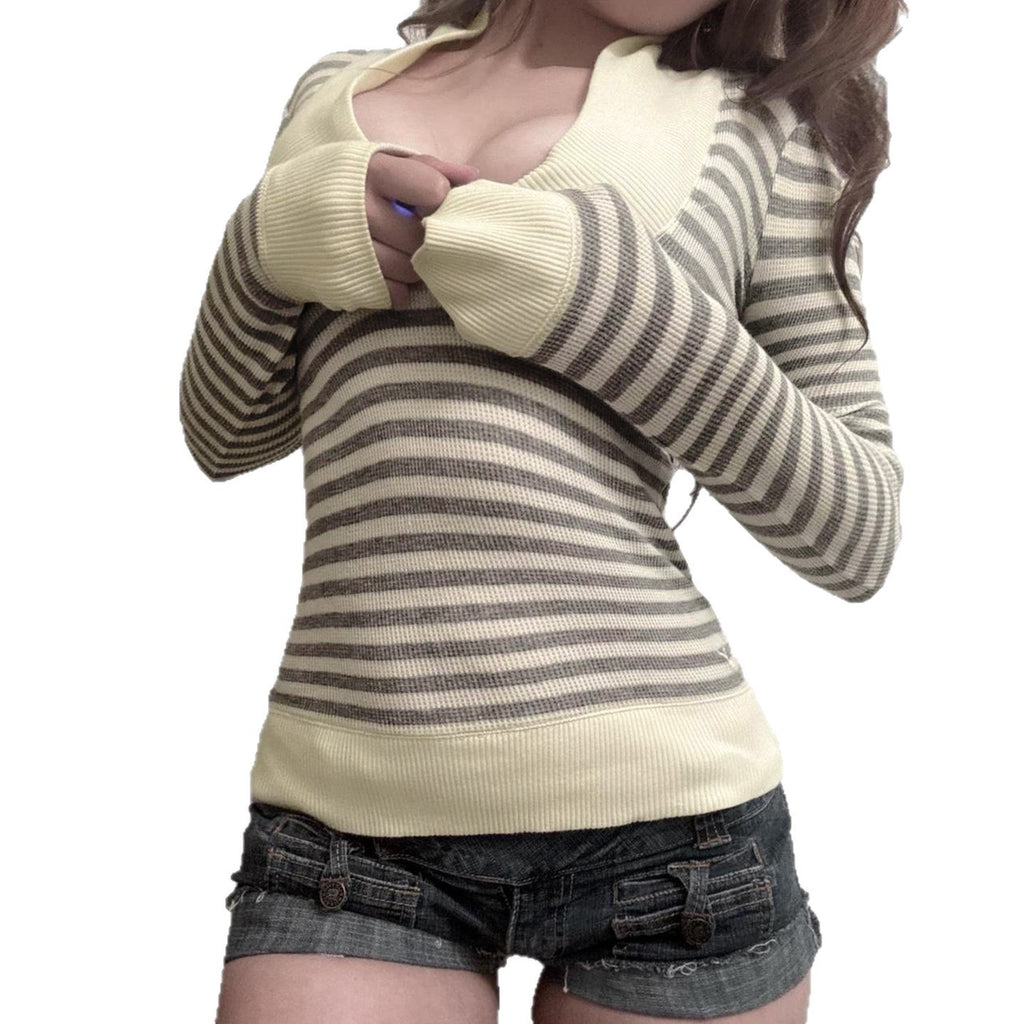 Design Sense V-neck Striped Slim-fit Long-sleeved Top