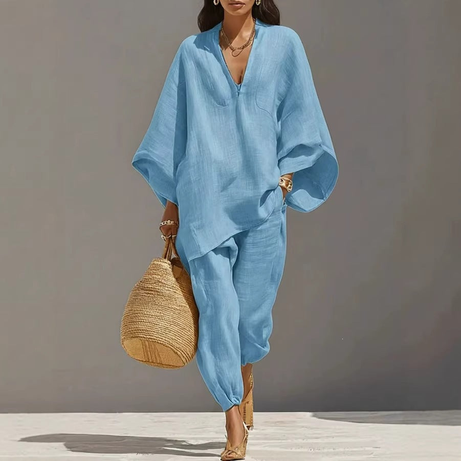 Casual Relaxed Loose-Fitting Solid-Color Shirt Set