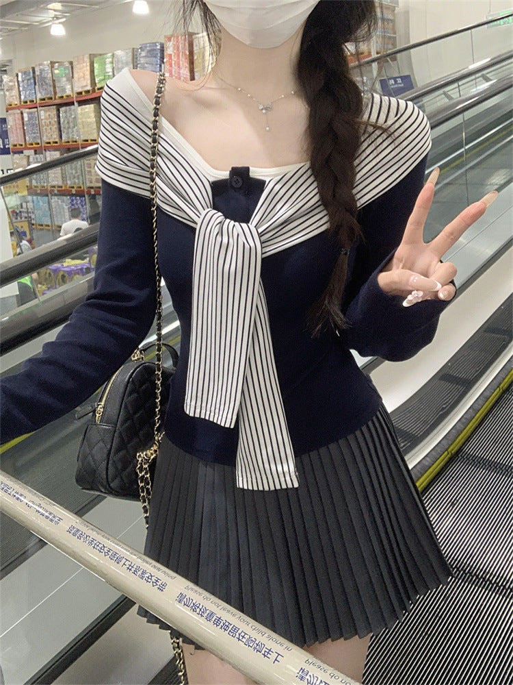 Fashion Striped Lace-up Long Sleeve T-shirt Women