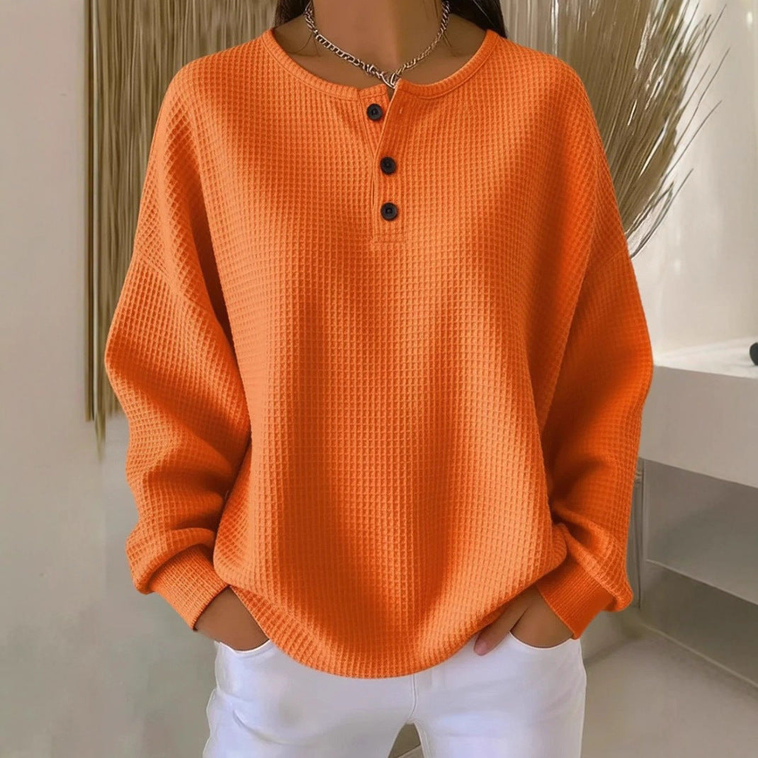 Round Neck Waffle Solid Color Pullover Loose Top