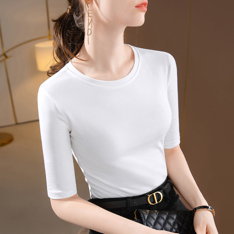 Women's Solid Color Round Neck Half-length Sleeve Cotton T-shirt Fashion Simple