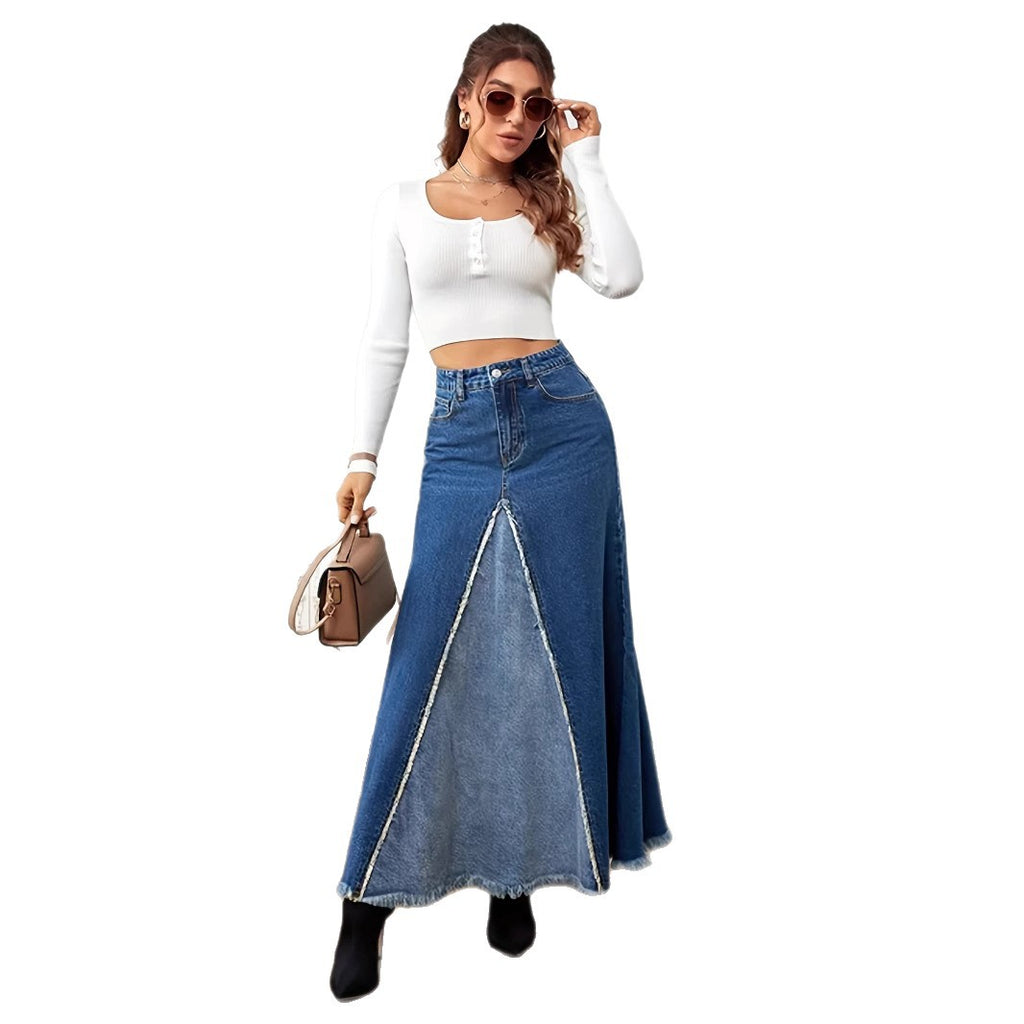 Womens Patchwork Denim Raw-Hem Skirt