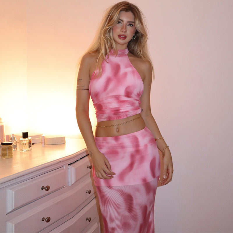 Sexy Halter Backless Print Mesh Skirt Suit