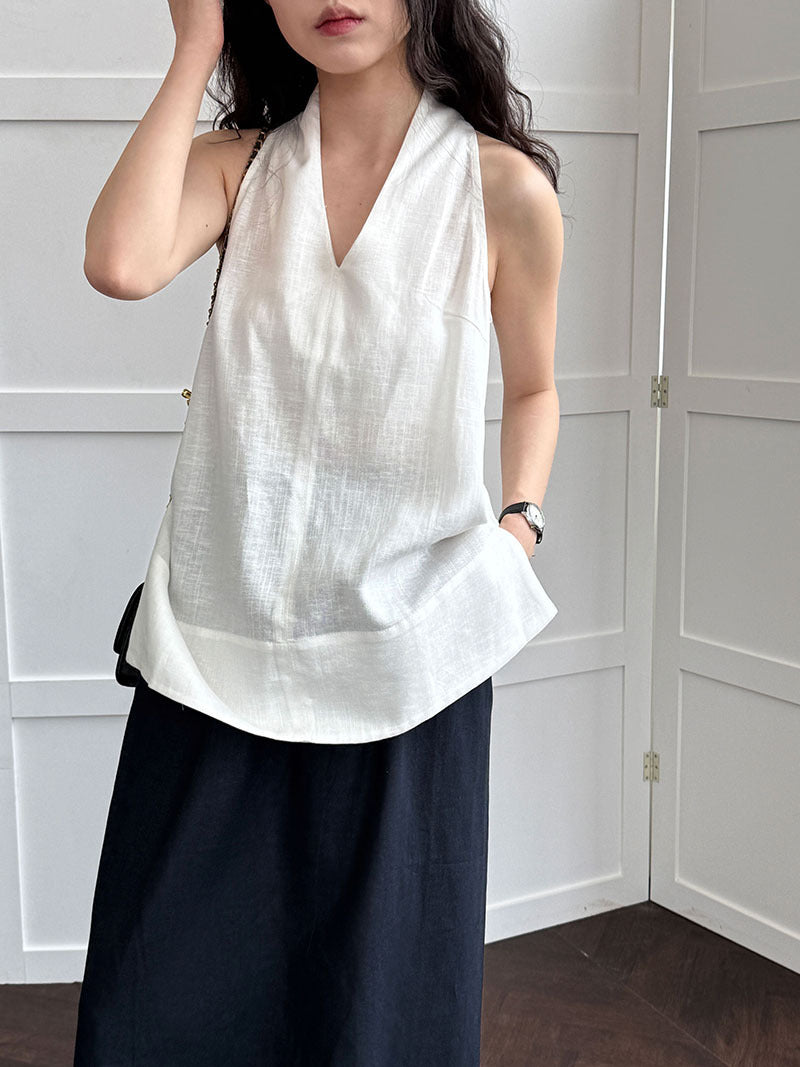 French Linen V-neck Halter Vest For Women