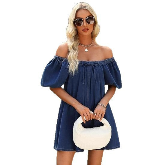 Square Collar Puff Sleeve Lace-up Elegant Denim Dress