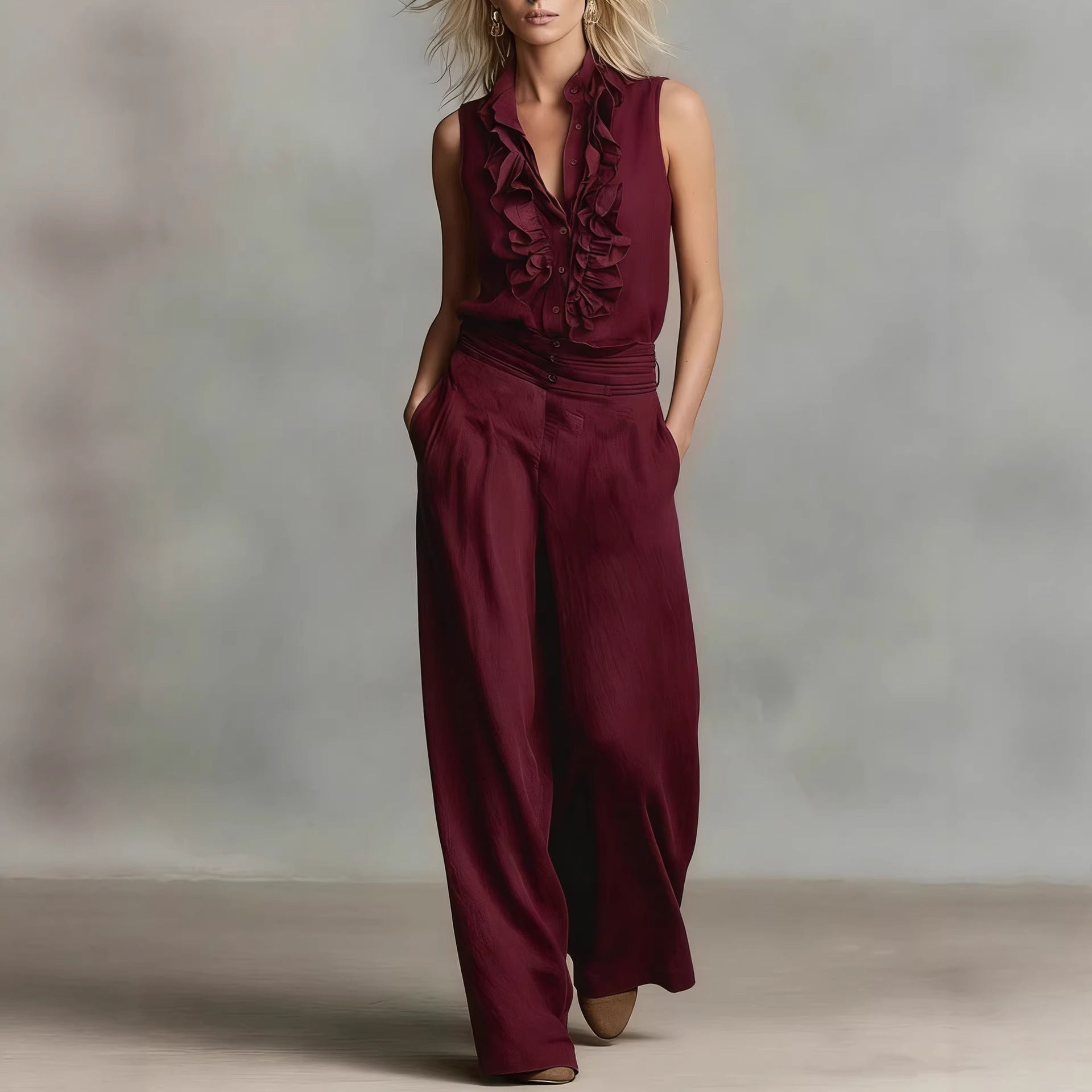Linen-blend Sleeveless Shirt And Wide-leg Pants Set