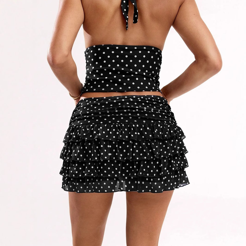 Polka-dot Printed Halterneck Vest And Ruffled Hem Mini Skirt Set