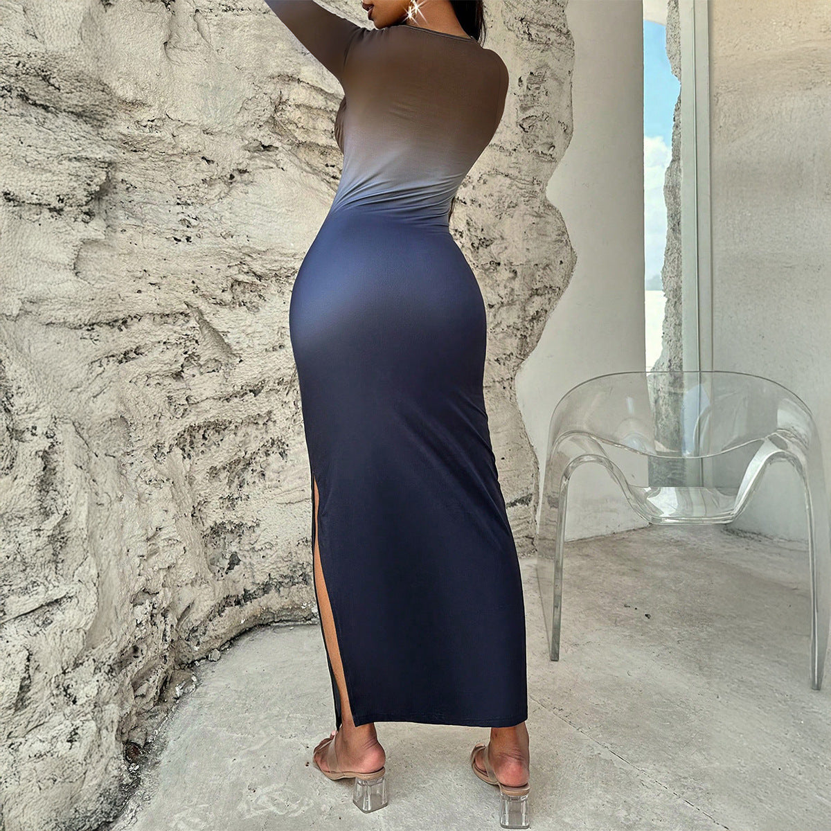 Slim-fit Contrast Colors Blooming Mid-length Sheath Long Sleeve Dress
